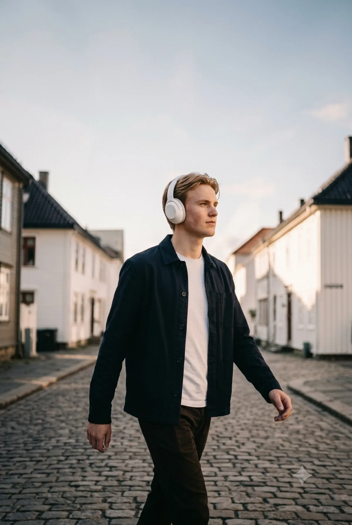 Student med hodetelefoner på vei gjennom en brosteinsgate med hvite trehus
